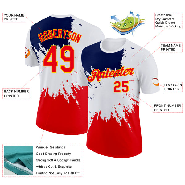 Custom White Fire Red Blue-Yellow Grunge Paint Splatter Performance T-Shirt