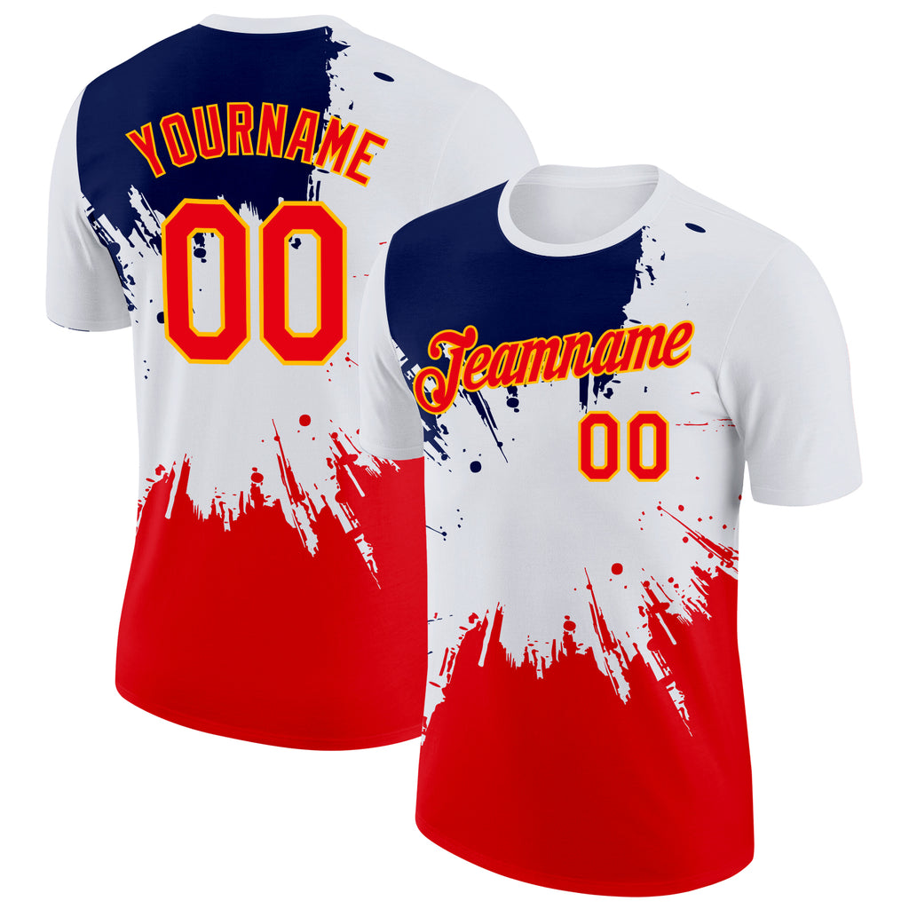 Custom White Fire Red Blue-Yellow Grunge Paint Splatter Performance T-Shirt