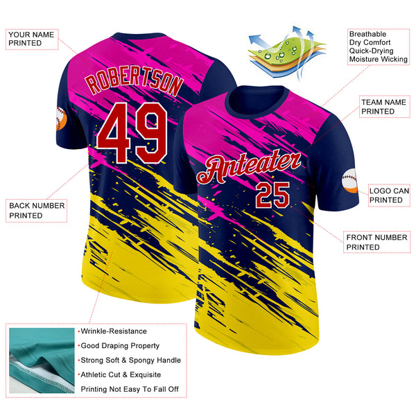 Custom Navy Red Hot Pink Yellow-White Grunge Paint Splatter Performance T-Shirt