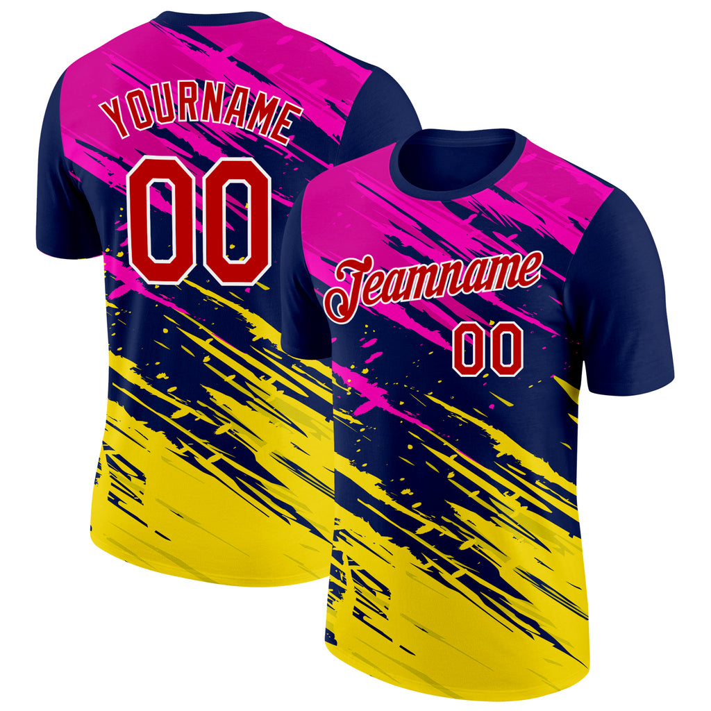 Custom Navy Red Hot Pink Yellow-White Grunge Paint Splatter Performance T-Shirt