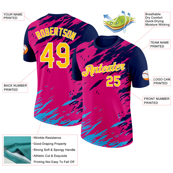 Custom Navy Yellow Pink Blue-White Grunge Paint Splatter Performance T-Shirt