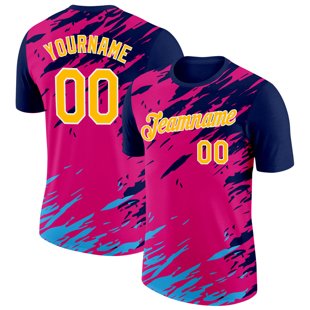 Custom Navy Yellow Pink Blue-White Grunge Paint Splatter Performance T-Shirt