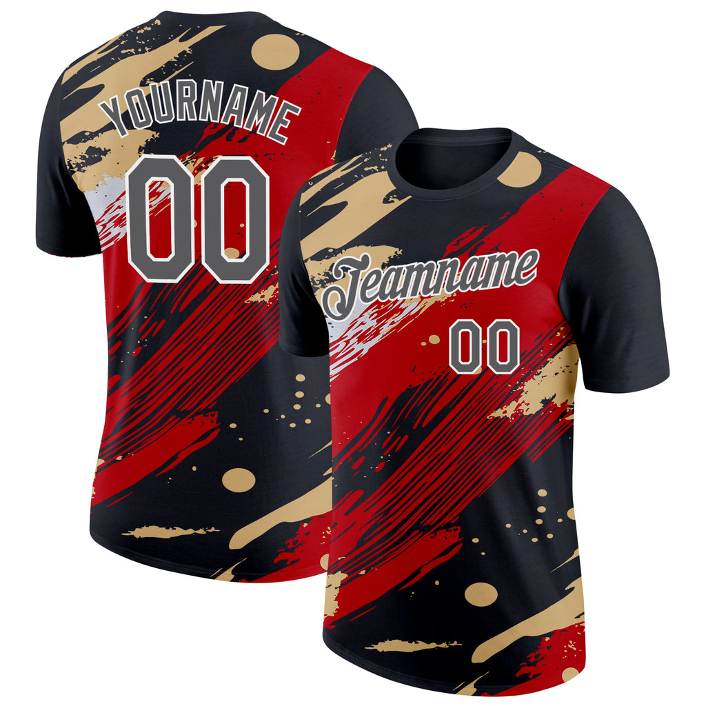 Custom Black Steel Gray Red Cream-White Grunge Paint Splatter Performance T-Shirt