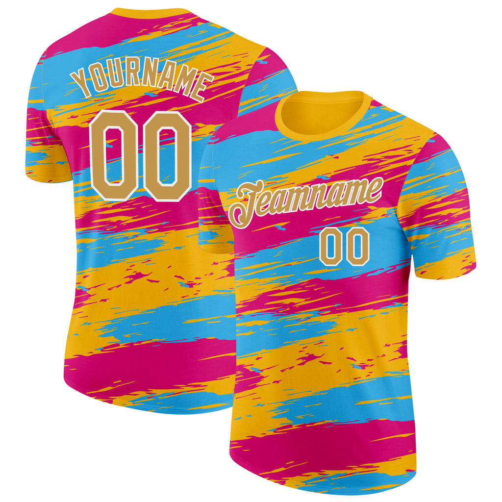 Custom Yellow Old Gold Blue Pink-White Grunge Paint Splatter Performance T-Shirt