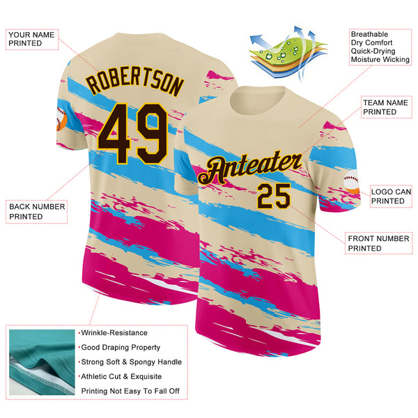 Custom Cream Brown Blue Pink-Yellow Grunge Paint Splatter Performance T-Shirt
