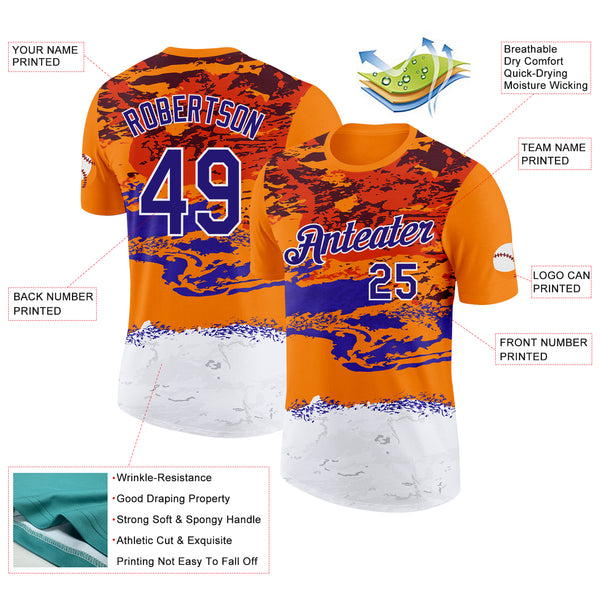 Custom Bay Orange Dark Purple-White Grunge Paint Splatter Performance T-Shirt