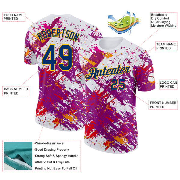 Custom White US Navy Blue Purple Red-Gold Grunge Paint Splatter Performance T-Shirt