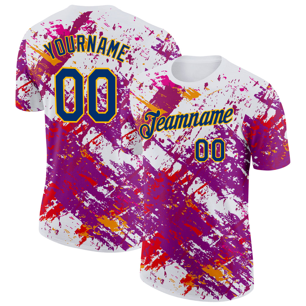 Custom White US Navy Blue Purple Red-Gold Grunge Paint Splatter Performance T-Shirt