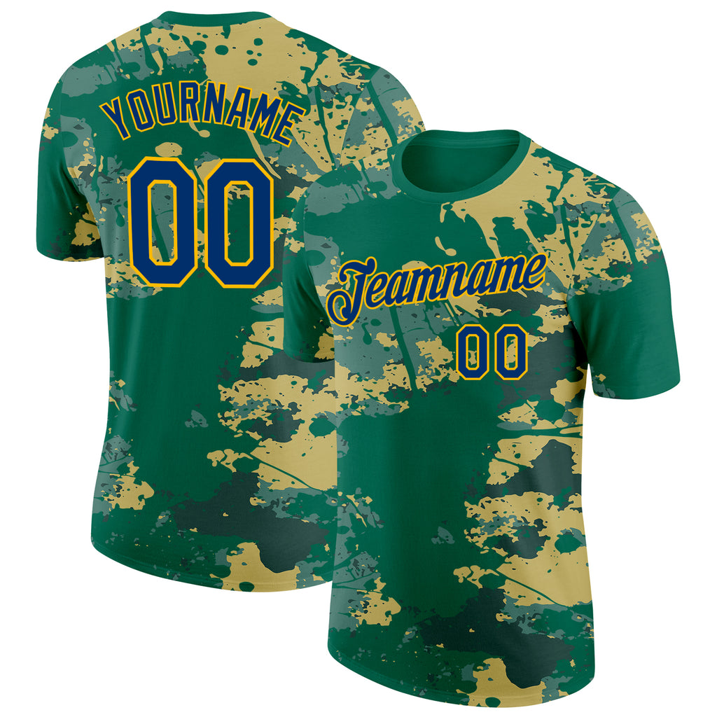 Custom Kelly Green US Navy Blue-Gold Grunge Paint Splatter Performance T-Shirt