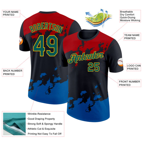 Custom Black Midnight Green Red Blue-Gold Grunge Paint Splatter Performance T-Shirt