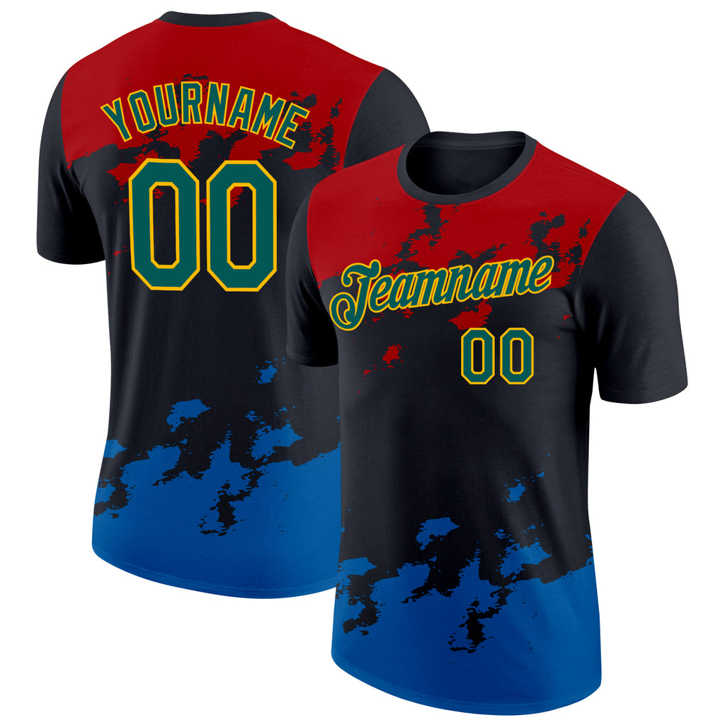 Custom Black Midnight Green Red Blue-Gold Grunge Paint Splatter Performance T-Shirt