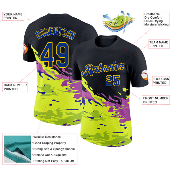 Custom Black Royal Purple Green-Yellow Grunge Paint Splatter Performance T-Shirt