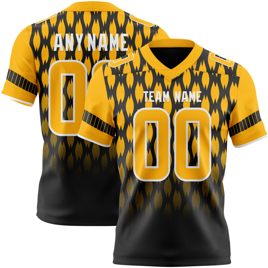 Custom Black Gold-White Authentic Geometric Pixel Grid Fade Football Jersey