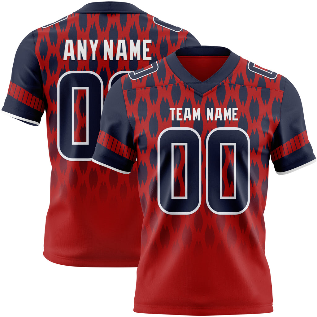 Custom Red Navy-White Authentic Geometric Pixel Grid Fade Football Jersey