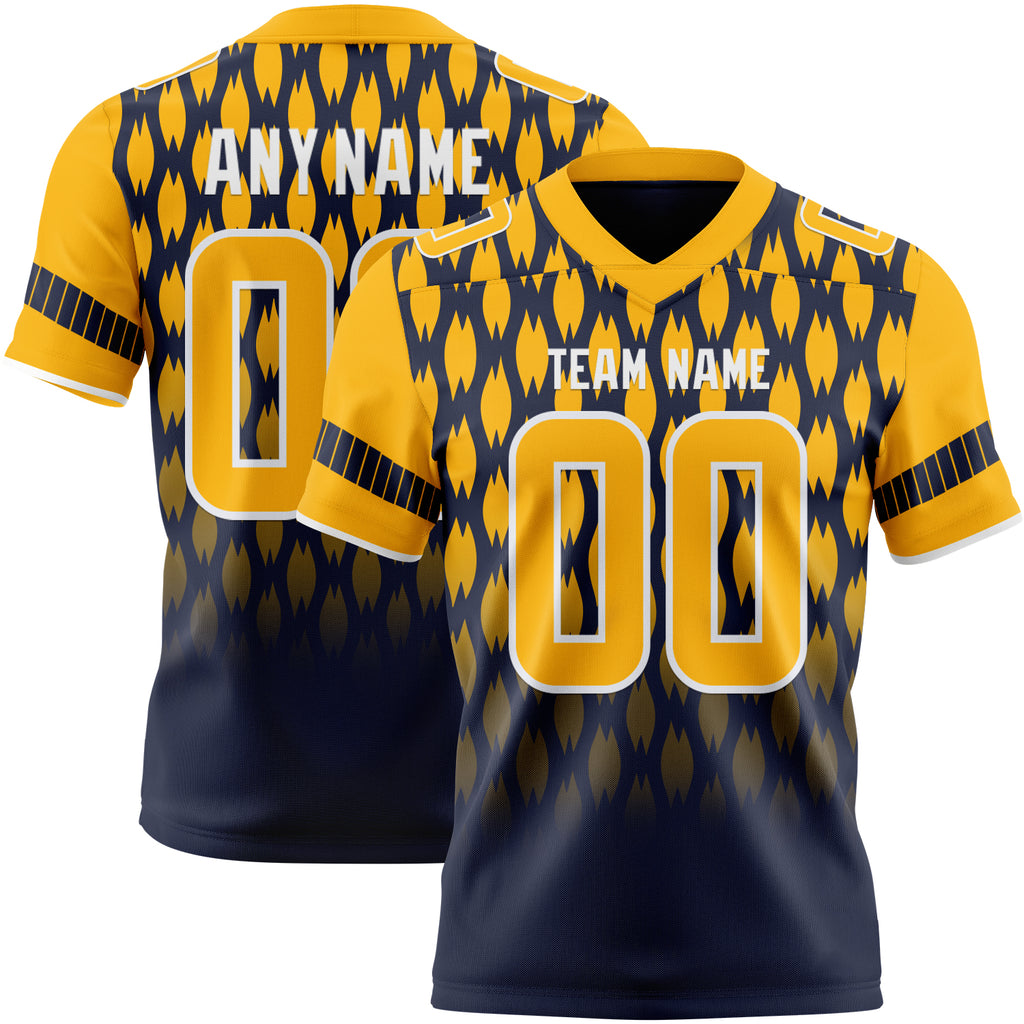 Custom Navy Gold-White Authentic Geometric Pixel Grid Fade Football Jersey