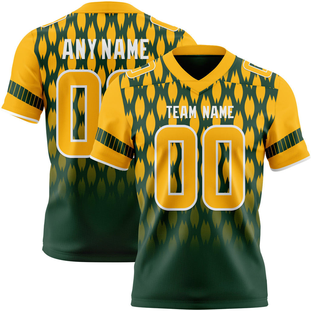 Custom Green Gold-White Authentic Geometric Pixel Grid Fade Football Jersey