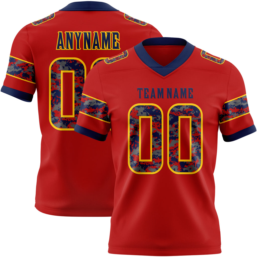 Custom Red Camo Yellow-Navy Authentic Digital Camouflage Panel Football Jersey