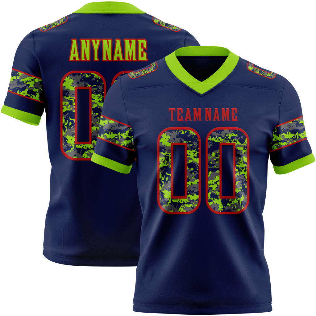 Custom Navy Camo Red-Neon Green Authentic Digital Camouflage Panel Football Jersey