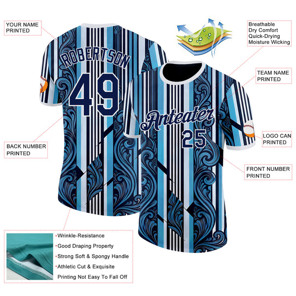 Custom Navy Sky Blue-White Argentina Stripe Performance T-Shirt