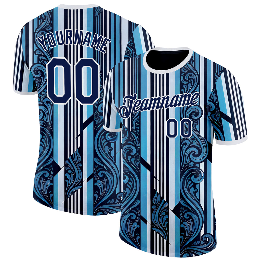 Custom Navy Sky Blue-White Argentina Stripe Performance T-Shirt