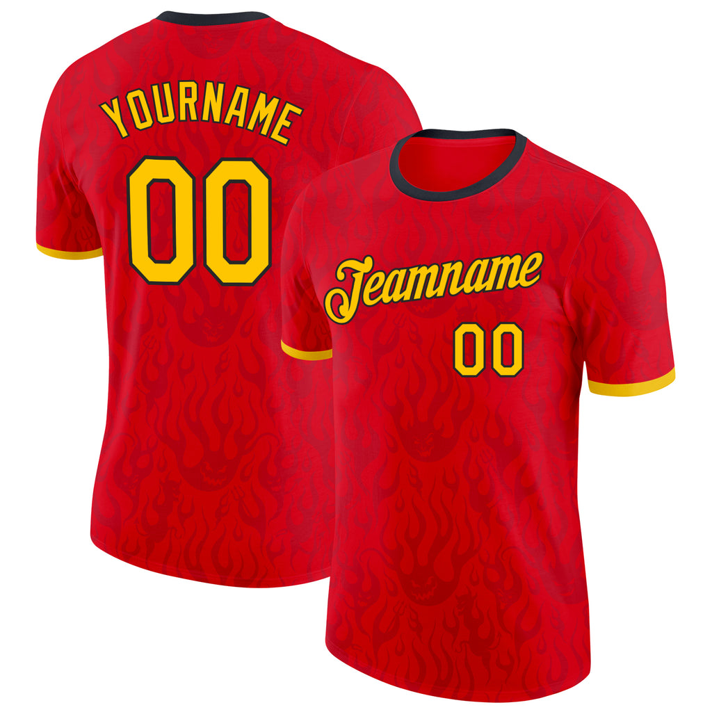 Custom Red Yellow-Black Belgium Flame Performance T-Shirt
