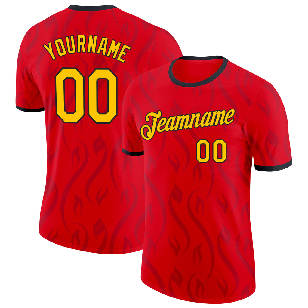 Custom Red Yellow-Black Belgium Abstract Flame Performance T-Shirt
