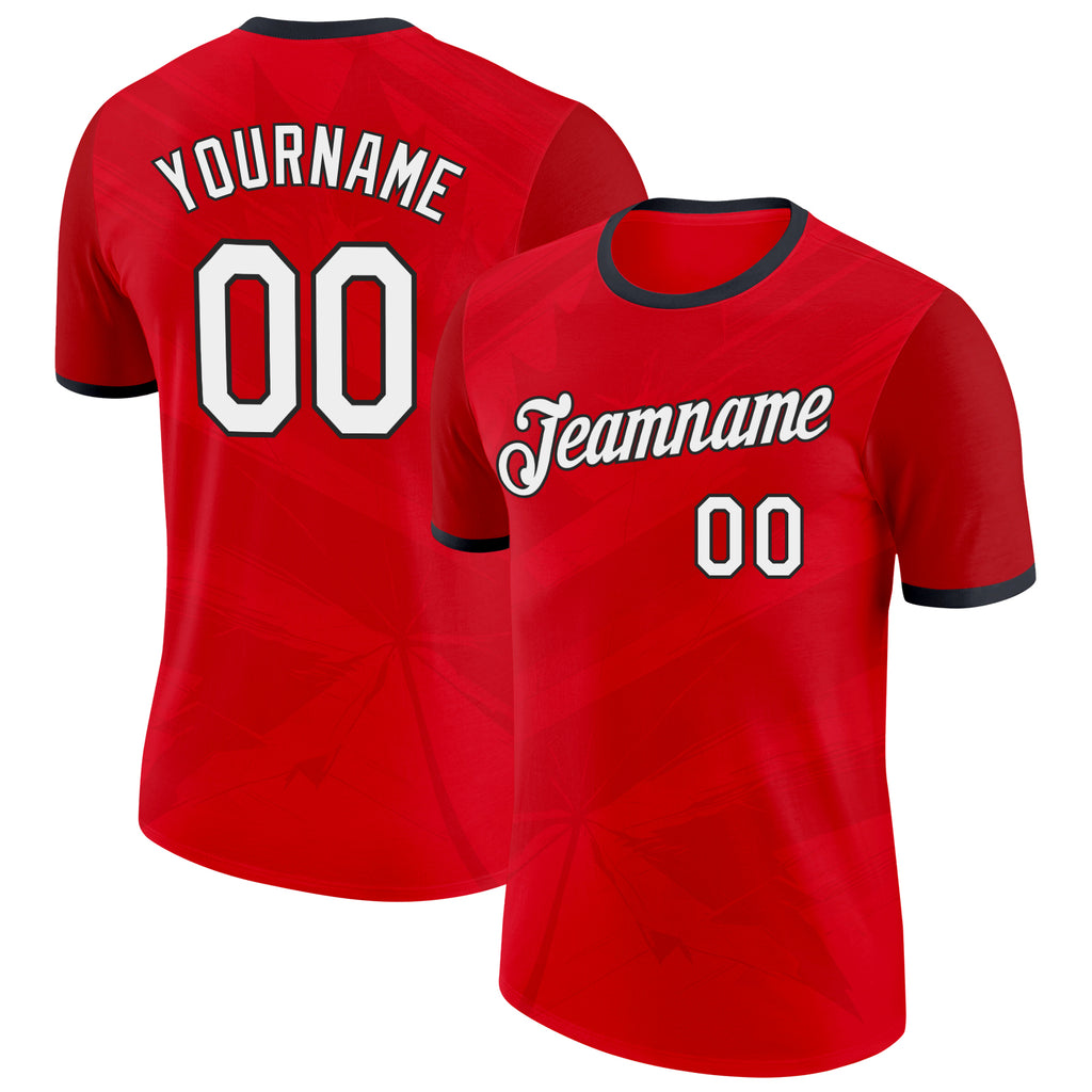 Custom Red White-Black Canada Maple Leaf Performance T-Shirt