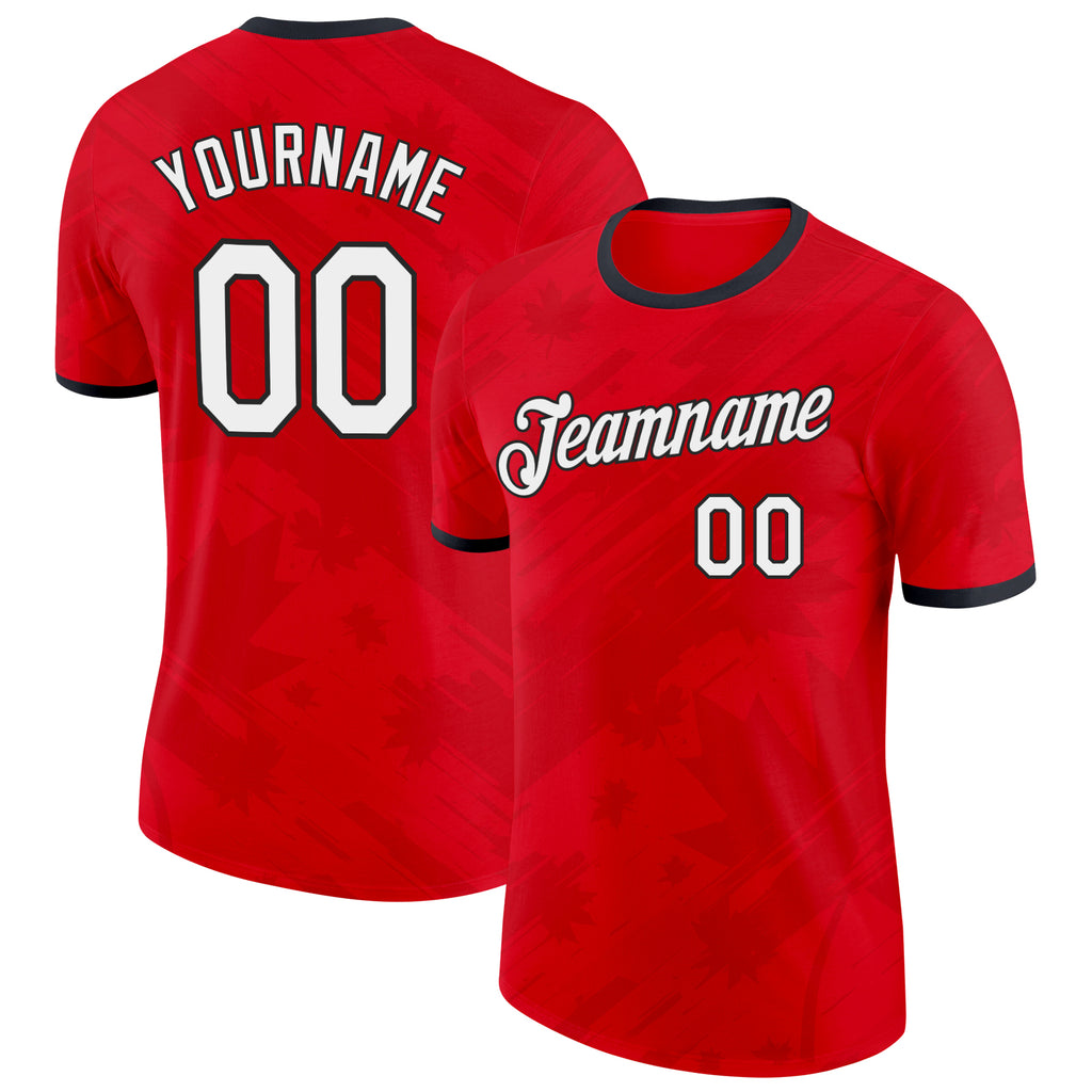 Custom Red White-Black Canada Maple Leaf Performance T-Shirt
