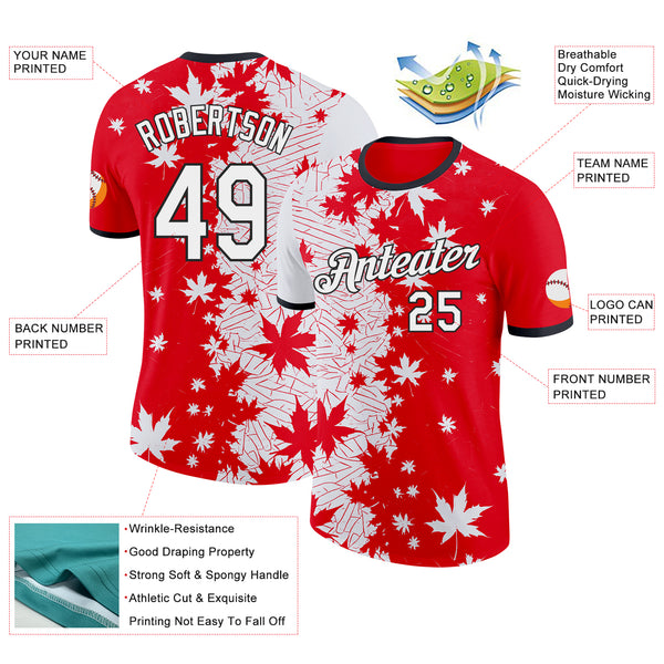 Custom Red White-Black Canada Maple Leaf Performance T-Shirt