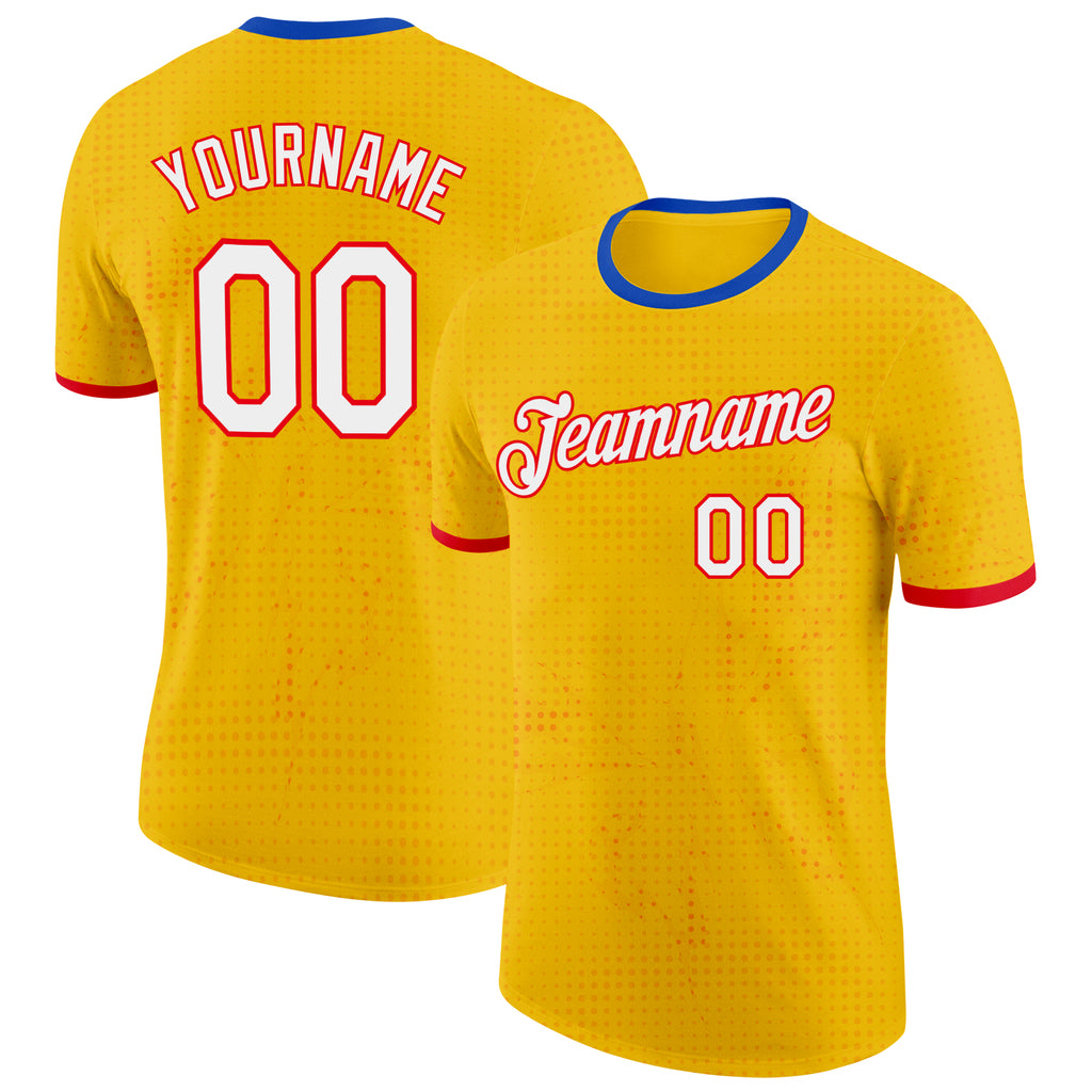 Custom Yellow White Fire Red-Thunder Blue Colombia Polka Dots Performance T-Shirt