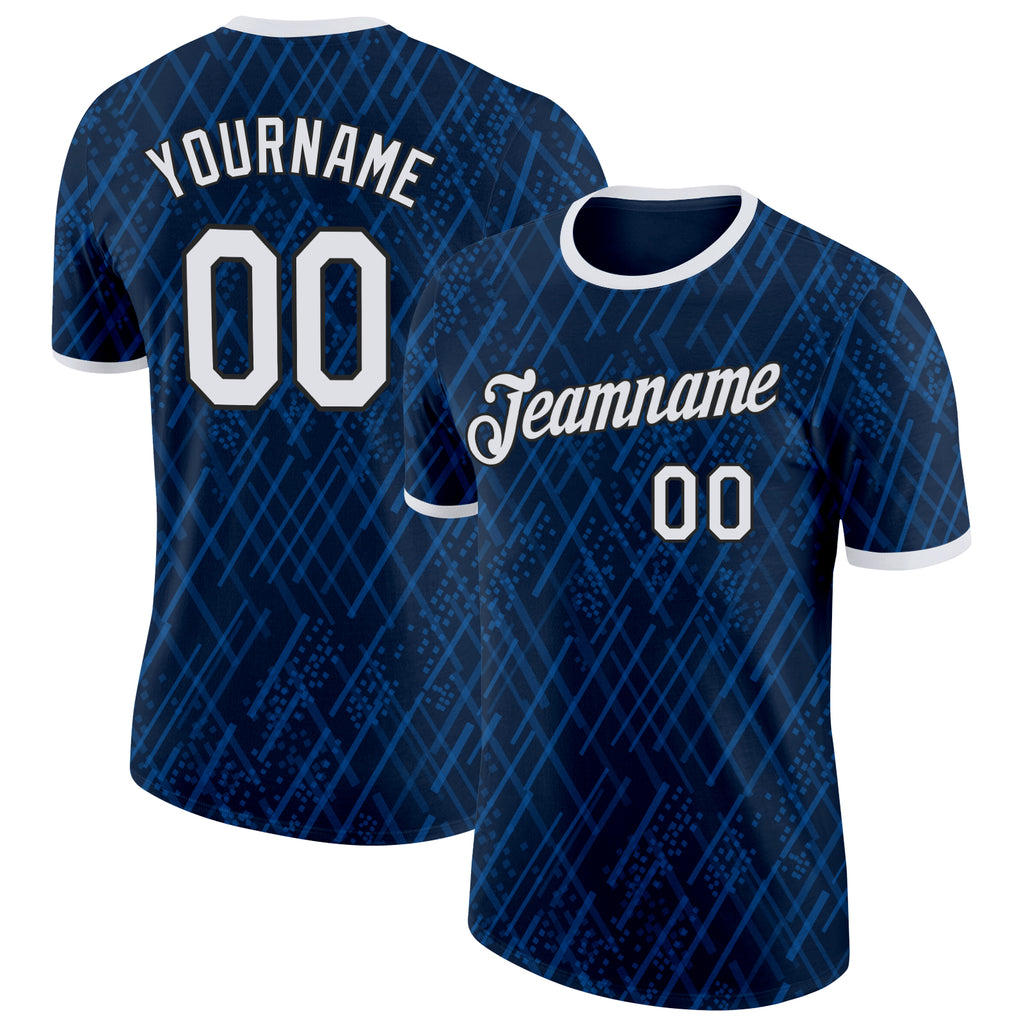 Custom Navy White-Black France Cross Stripe Performance T-Shirt