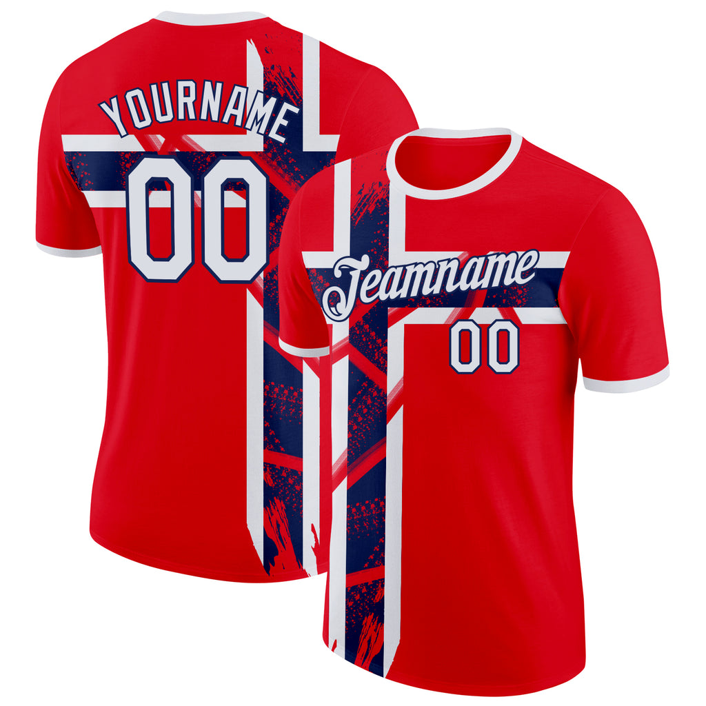 Custom Red White-Navy Norway Flag Performance T-Shirt