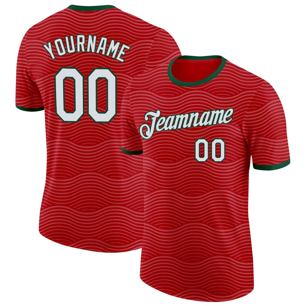 Custom Red White-Green Portugal Wave Performance T-Shirt