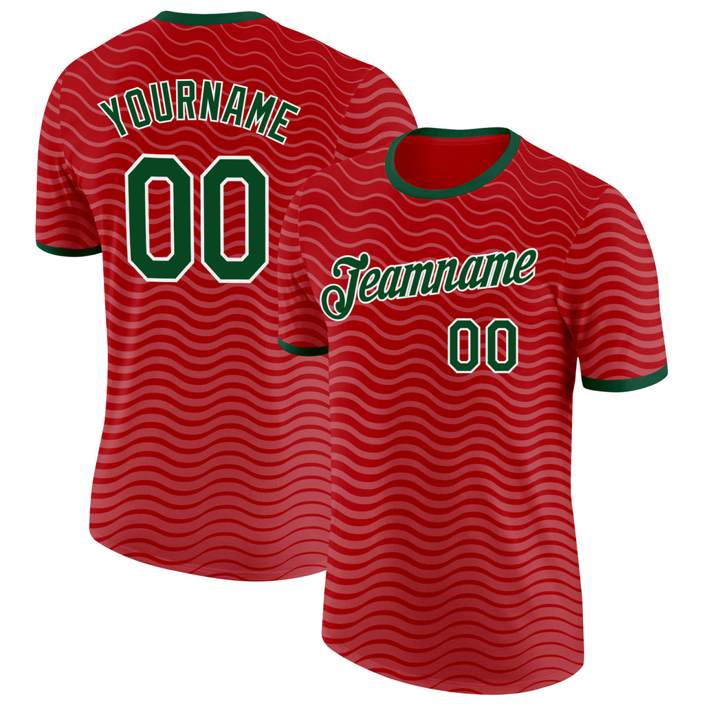 Custom Red Green-White Portugal Wave Performance T-Shirt