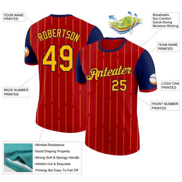 Custom Red Gold-Navy Spain Pinstripe Performance T-Shirt