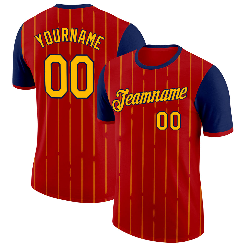 Custom Red Gold-Navy Spain Pinstripe Performance T-Shirt