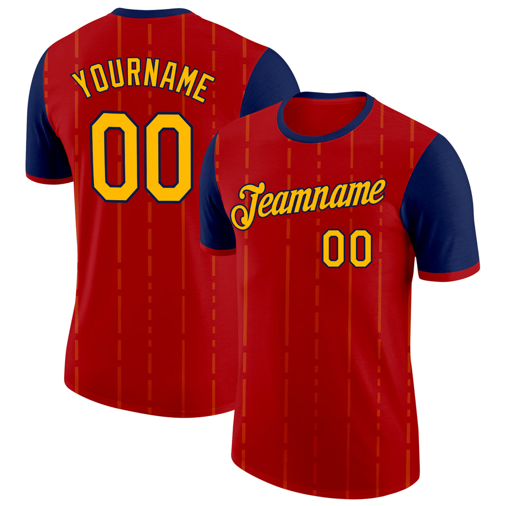 Custom Red Gold-Navy Spain Pinstripe Performance T-Shirt