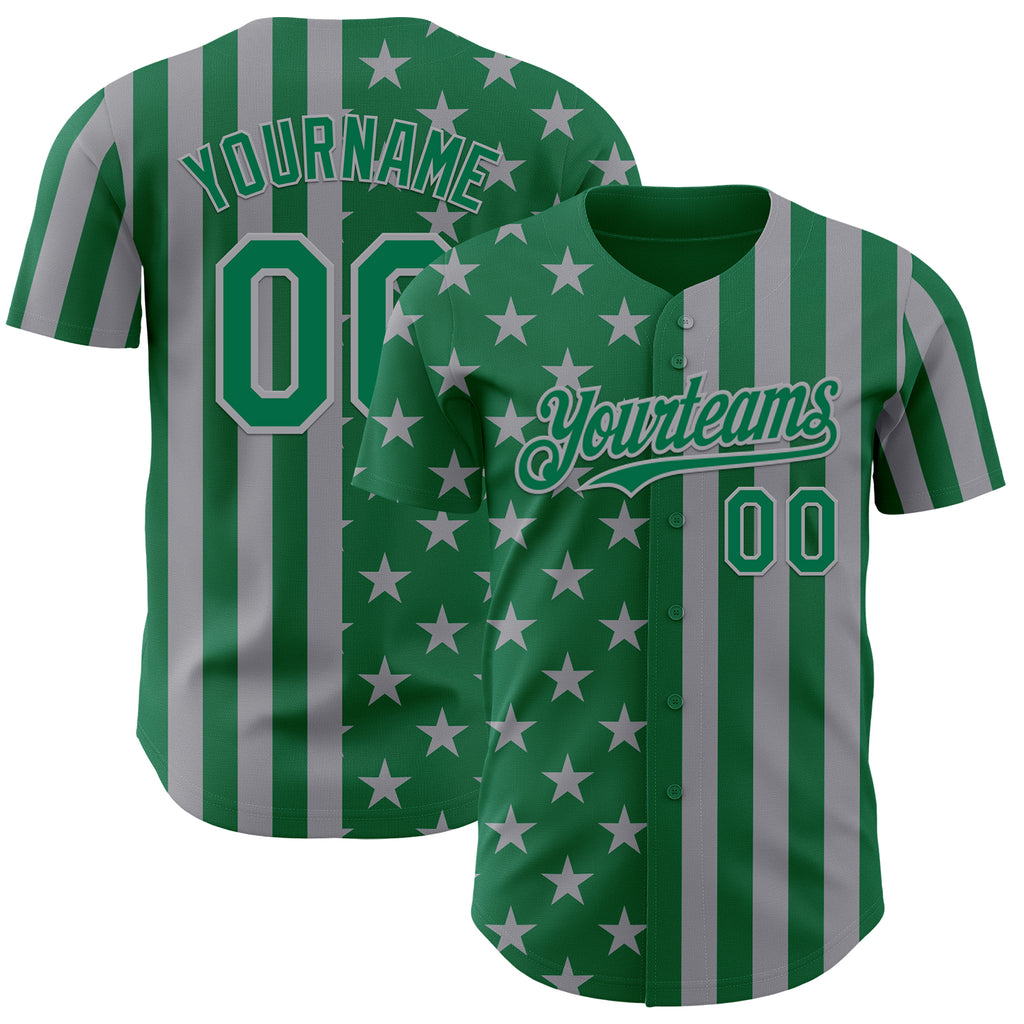 Custom Kelly Green-Gray USA Flag Patriotic Split Stars and Stripes Authentic Baseball Jersey