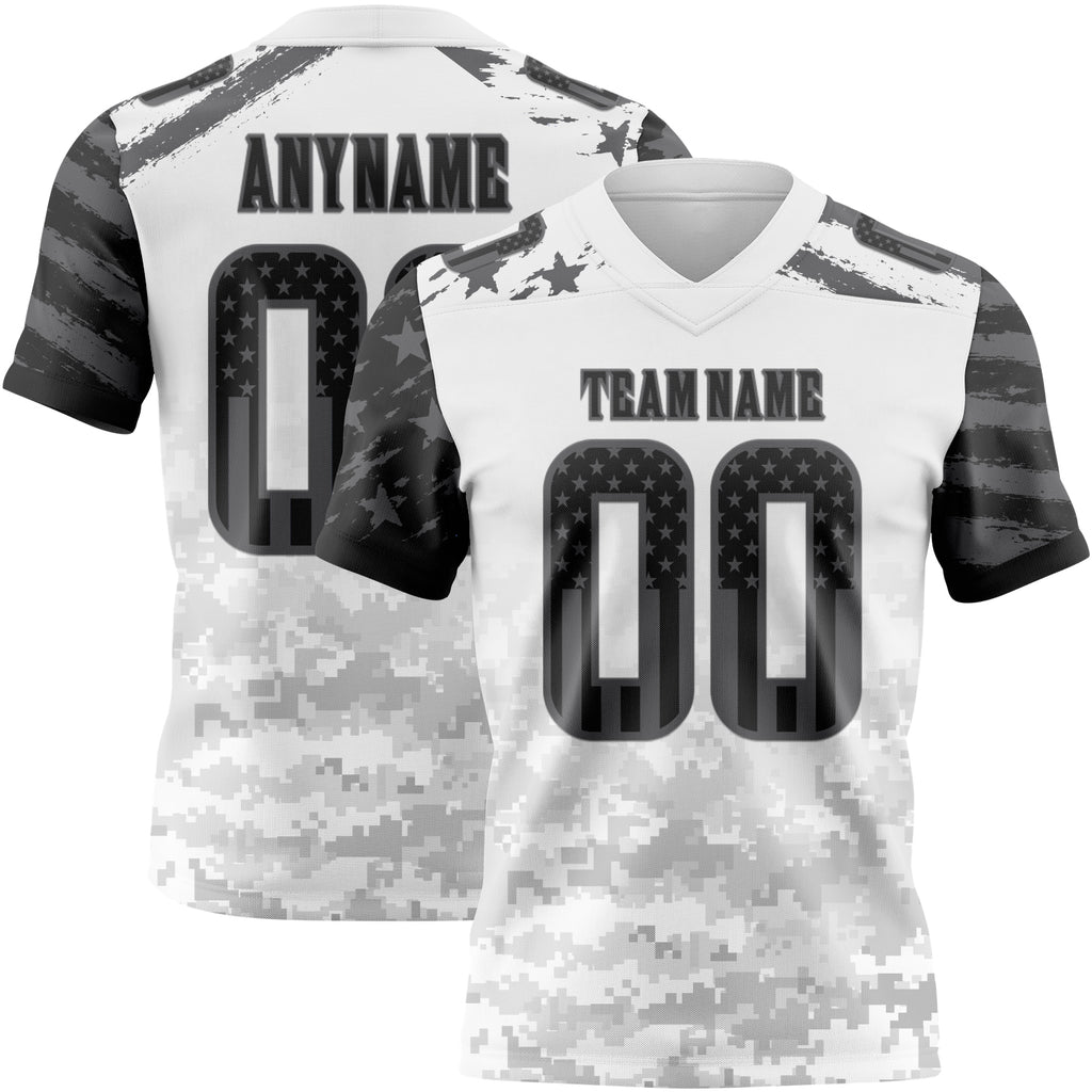 Custom White USA Flag Camo Steel Gray-Black Authentic Gradient Digital Camouflage Stars & Stripes Raglan Sleeves Football Jersey