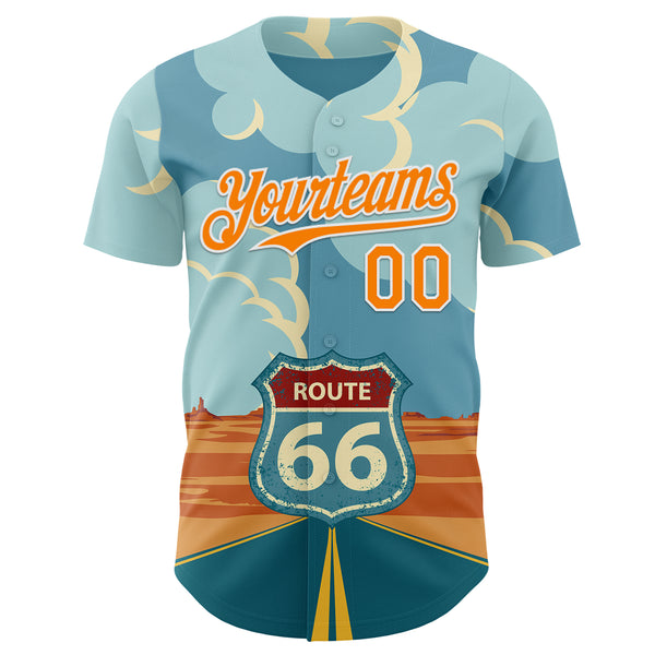 Custom Blue Bay Orange-White Route 66 Desert Americana Road Trip Authentic Baseball Jersey