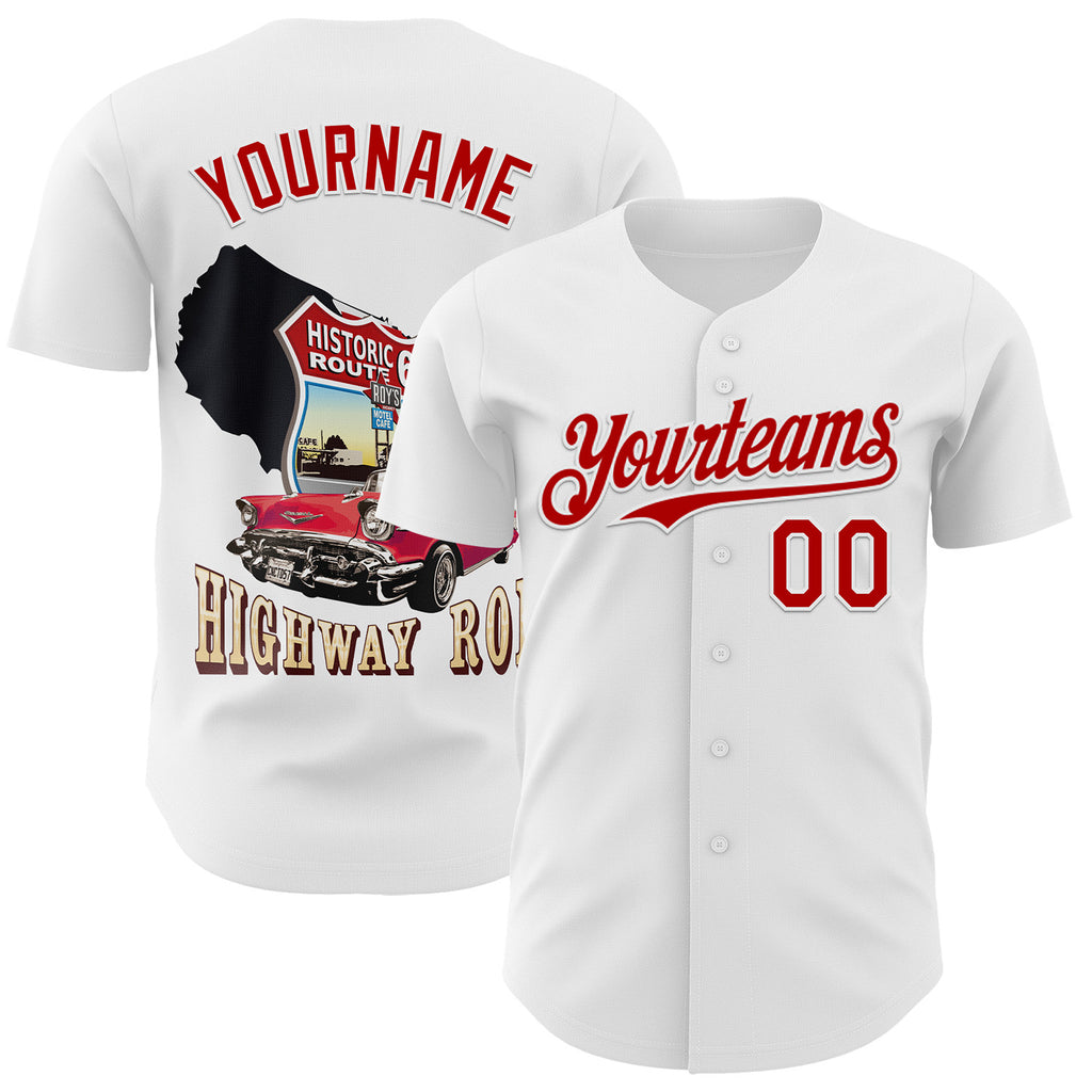 Custom White-Red Route 66 Highway Americana Road Trip Authentic Baseball Jersey