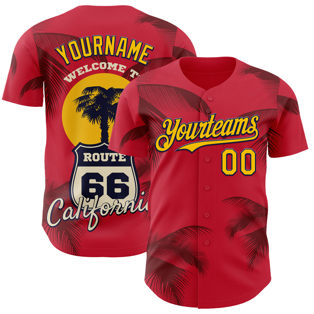 Custom Red Yellow-Black Route 66 Tropical Palm Tree Americana Road Trip Authentic Baseball Jersey