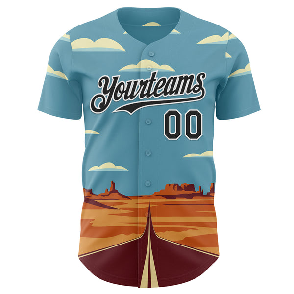 Custom Blue Black-White Route 66 Desert Americana Road Trip Authentic Baseball Jersey