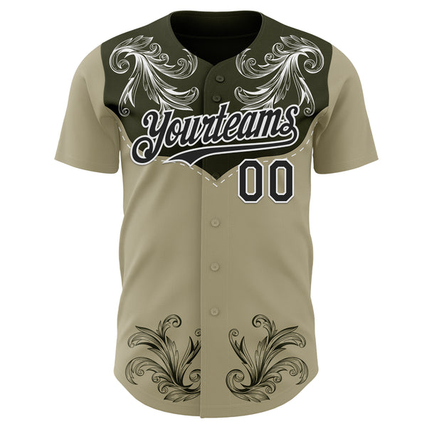 Custom Olive Black-White Baroque Floral Scroll Authentic Baseball Jersey