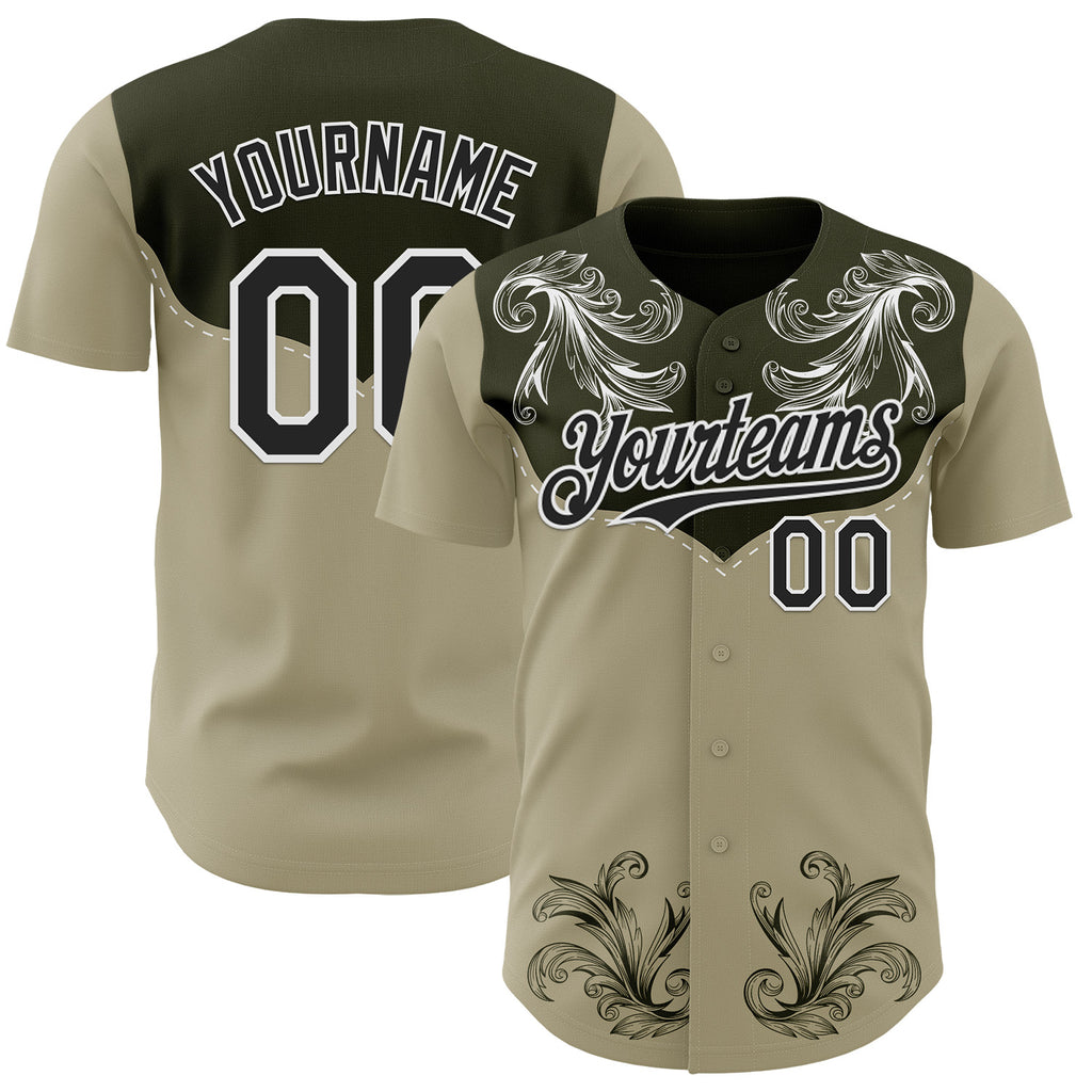 Custom Olive Black-White Baroque Floral Scroll Authentic Baseball Jersey