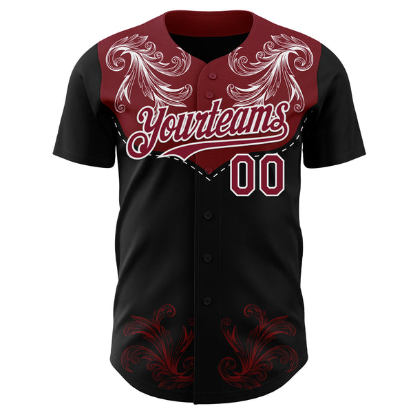 Custom Black Crimson-White Baroque Floral Scroll Authentic Baseball Jersey