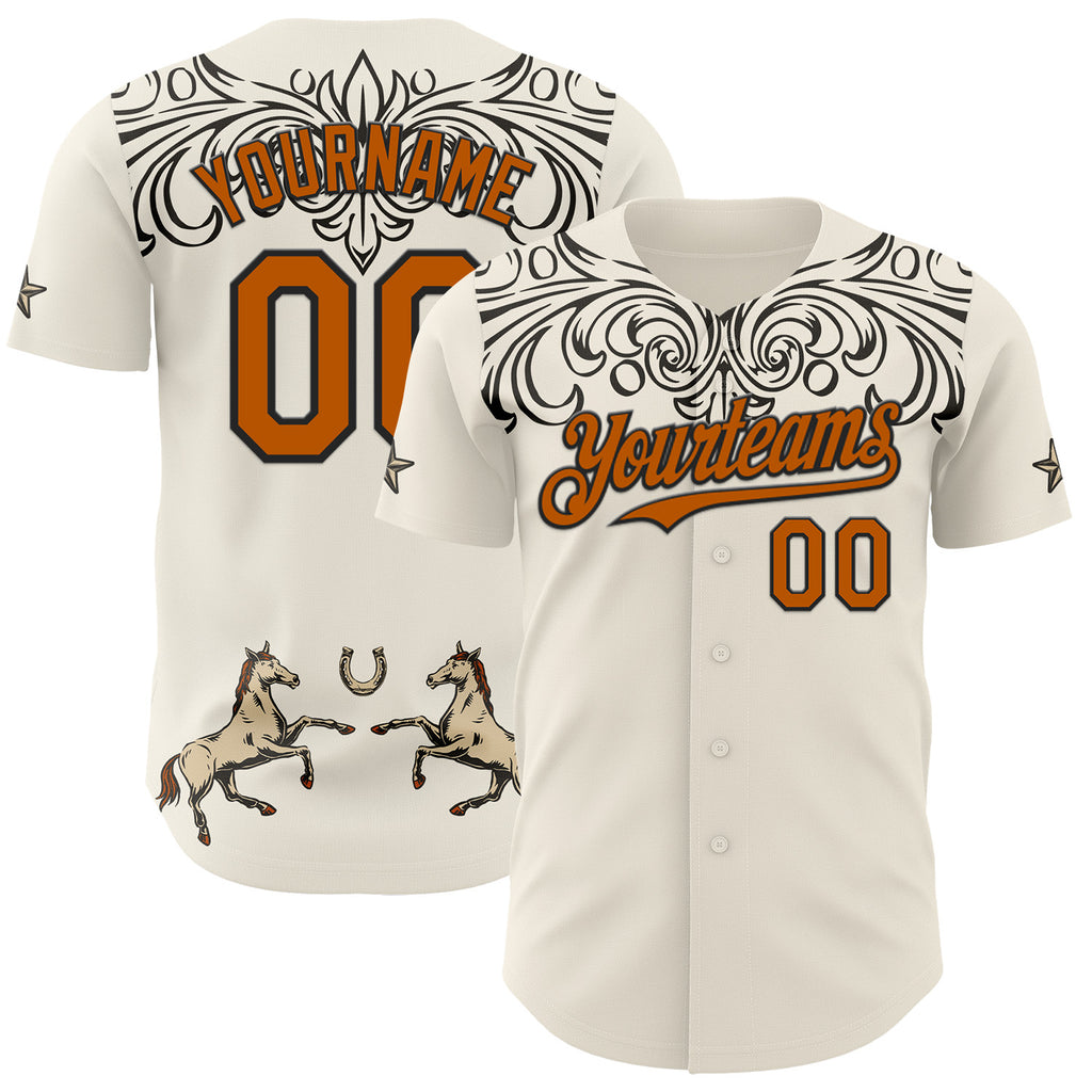 Custom Cream Texas Orange-Black Baroque Floral Scroll Authentic Baseball Jersey