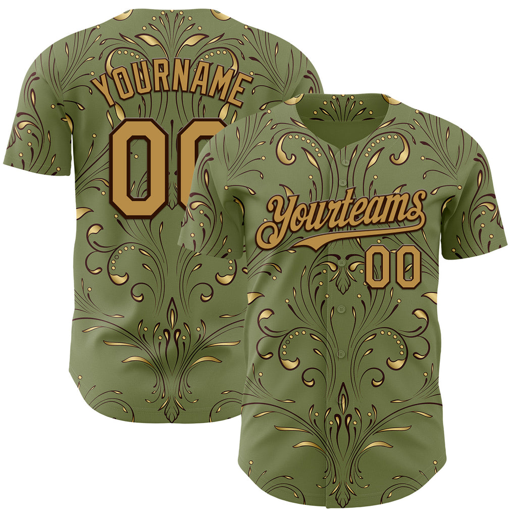 Custom Green Old Gold-Brown Baroque Floral Scroll Authentic Baseball Jersey