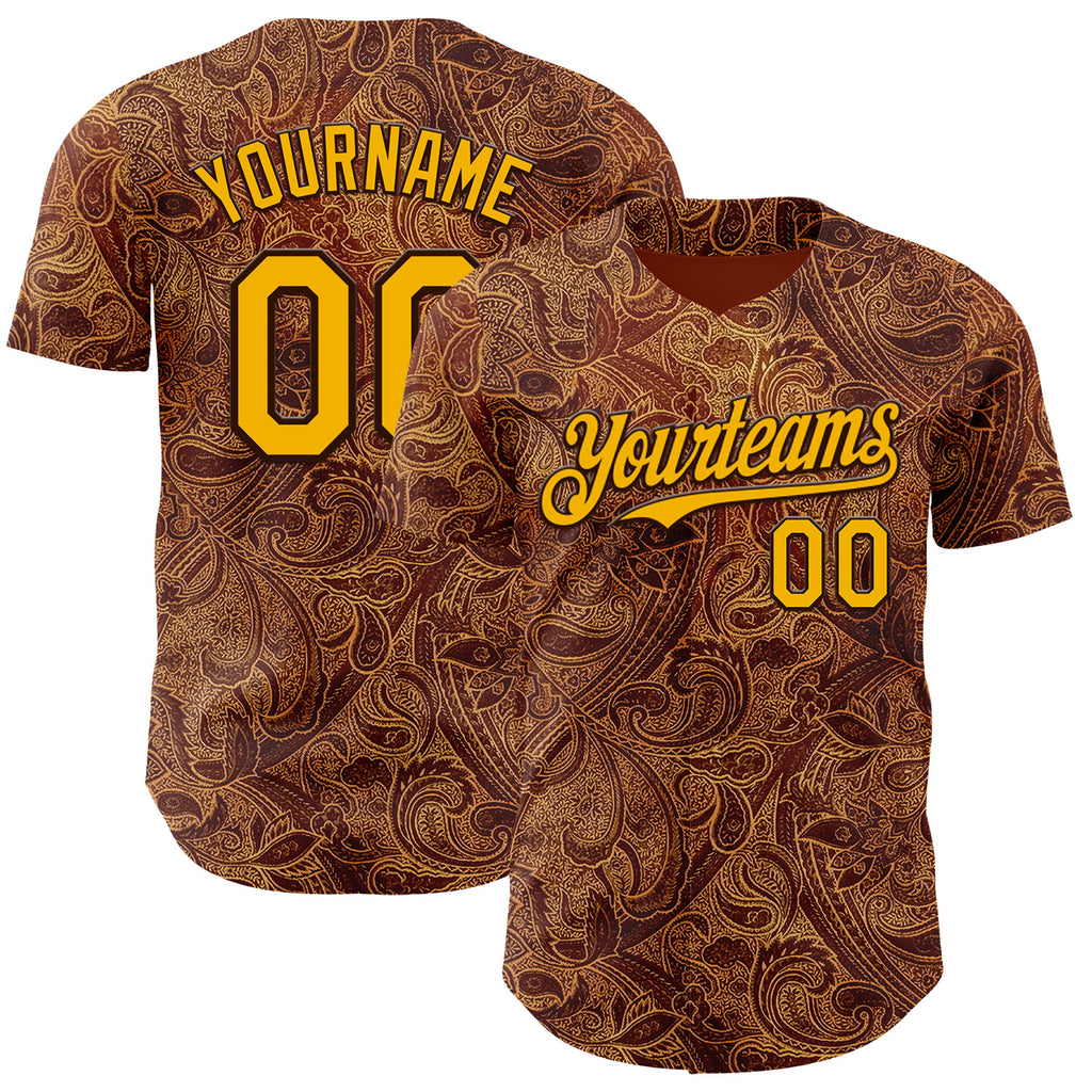 Custom Brown-Gold Baroque Floral Scroll Authentic Baseball Jersey