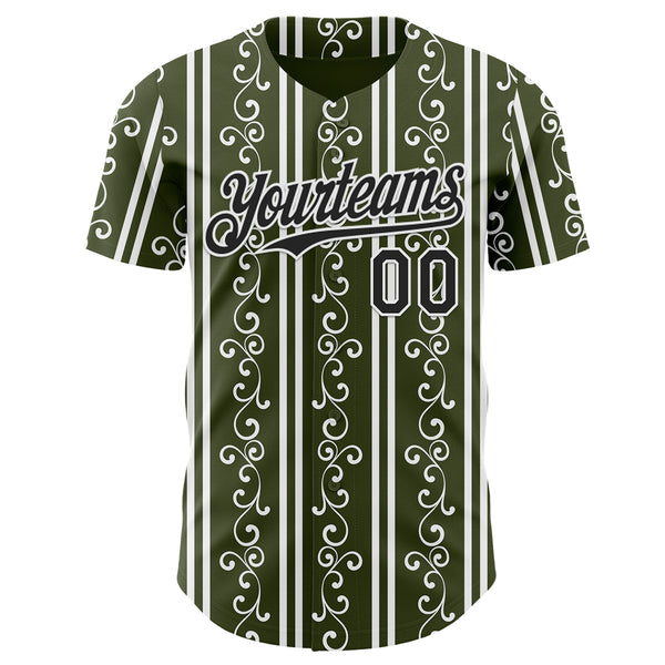 Custom Olive Black-White Baroque Floral Scroll Authentic Baseball Jersey